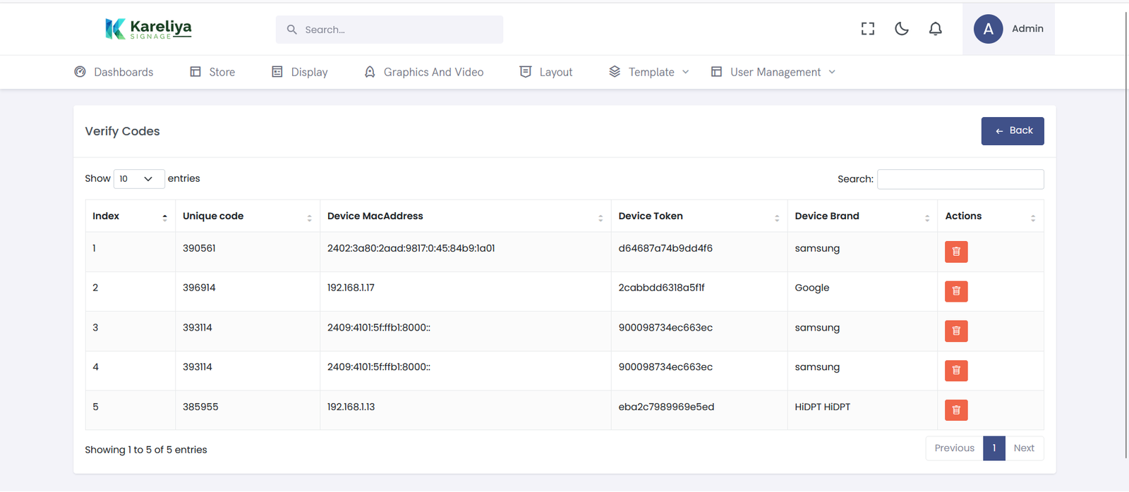 Digital Signage Verify Codes admin panel